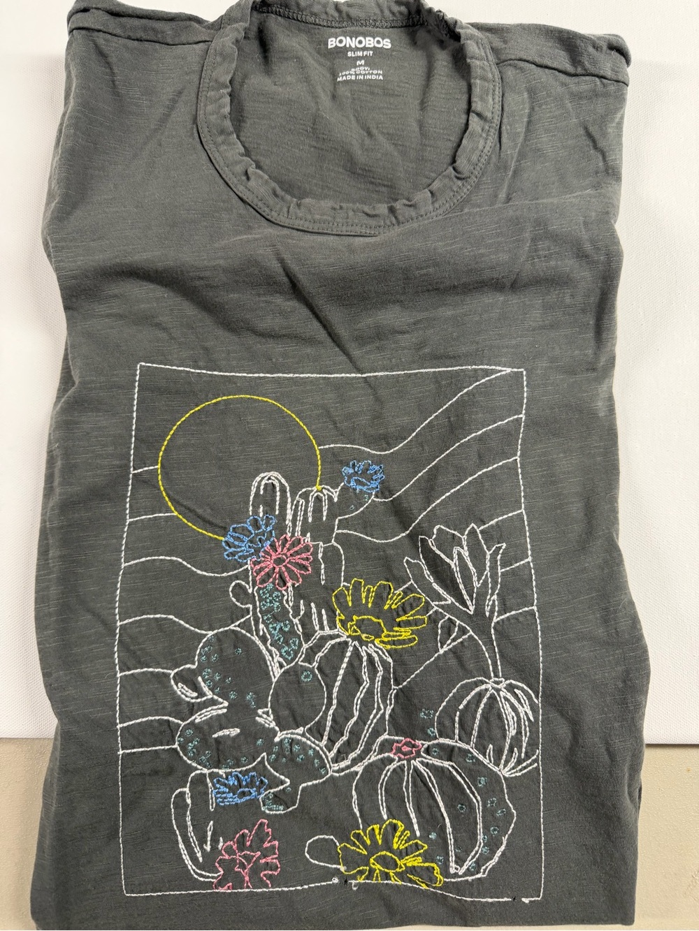 Bonobos Dark Gray Short Sleeve Tee with Multicolor Cactus Embroidery